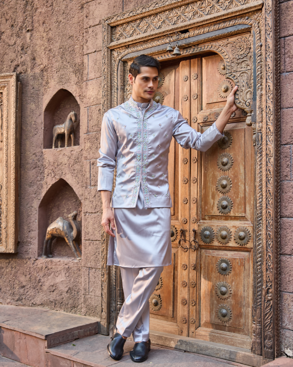 Silver Satin Bandhgala Jacket Set with Hand Work Detailing