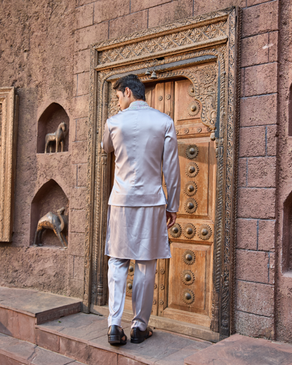 Silver Satin Bandhgala Jacket Set with Hand Work Detailing