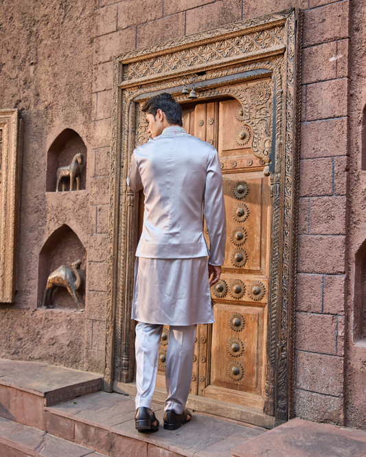 Silver Satin Bandhgala Jacket Set with Hand Work Detailing