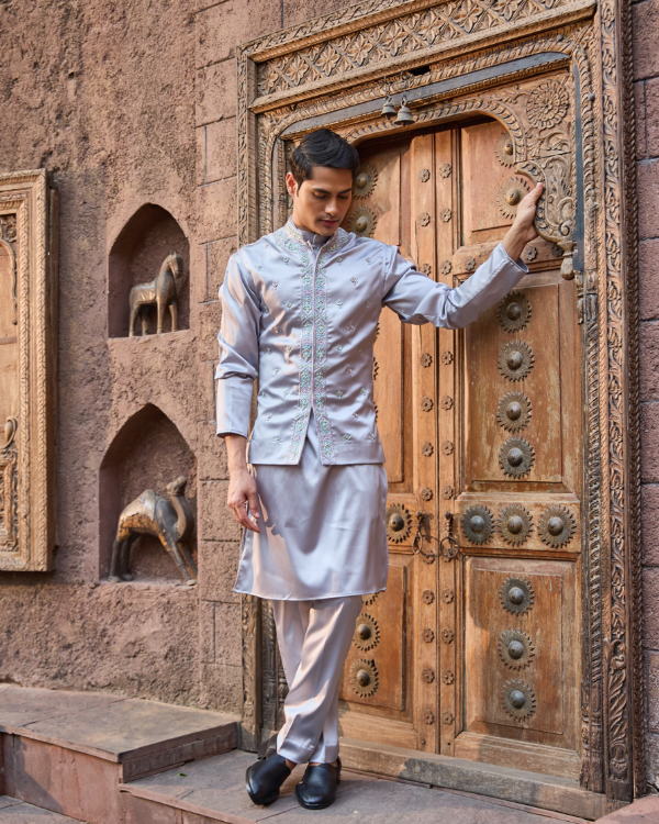 Silver Satin Bandhgala Jacket Set with Hand Work Detailing