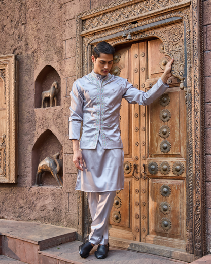 Silver Satin Bandhgala Jacket Set with Hand Work Detailing