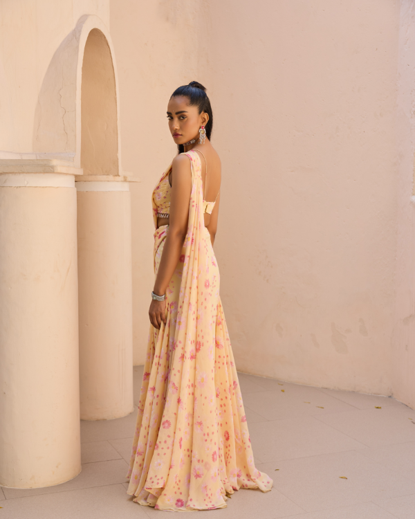 Soft Yellow Floral Draped Lehenga Set in Chiffon