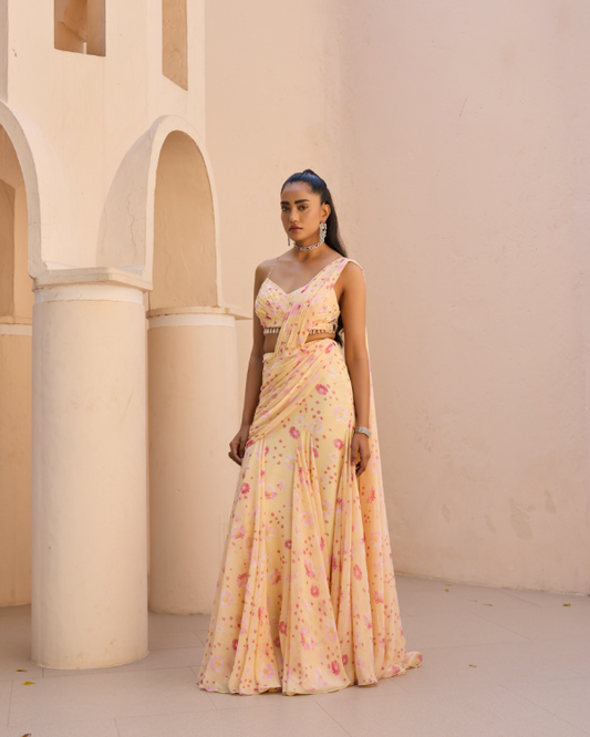 Soft Yellow Floral Draped Lehenga Set in Chiffon
