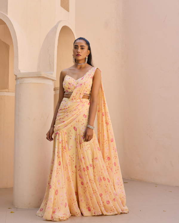Soft Yellow Floral Draped Lehenga Set in Chiffon