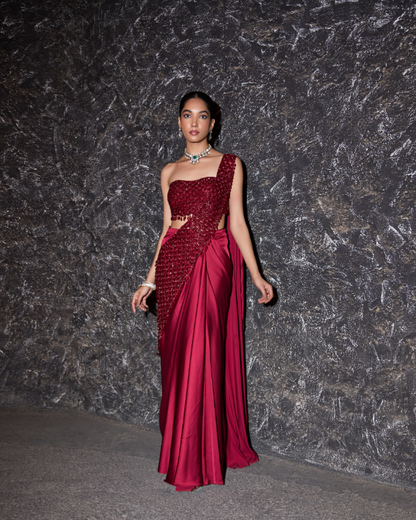 Wine Crape Satin Drape Saree Set with Hand Embroidered Blouse & Palla