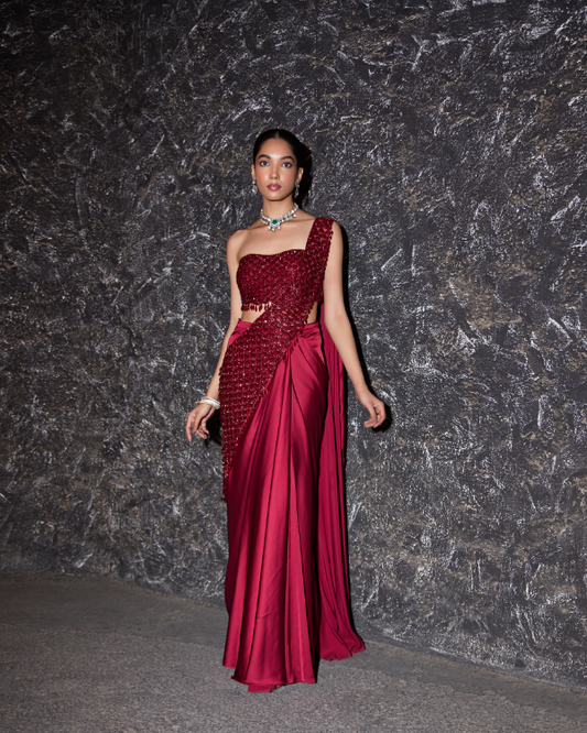 Wine Crape Satin Drape Saree Set with Hand Embroidered Blouse & Palla