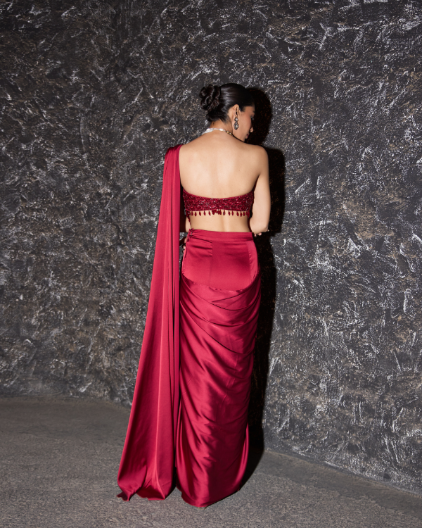 Wine Crape Satin Drape Saree Set with Hand Embroidered Blouse & Palla