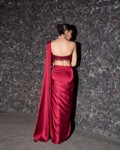 Wine Crape Satin Drape Saree Set with Hand Embroidered Blouse & Palla